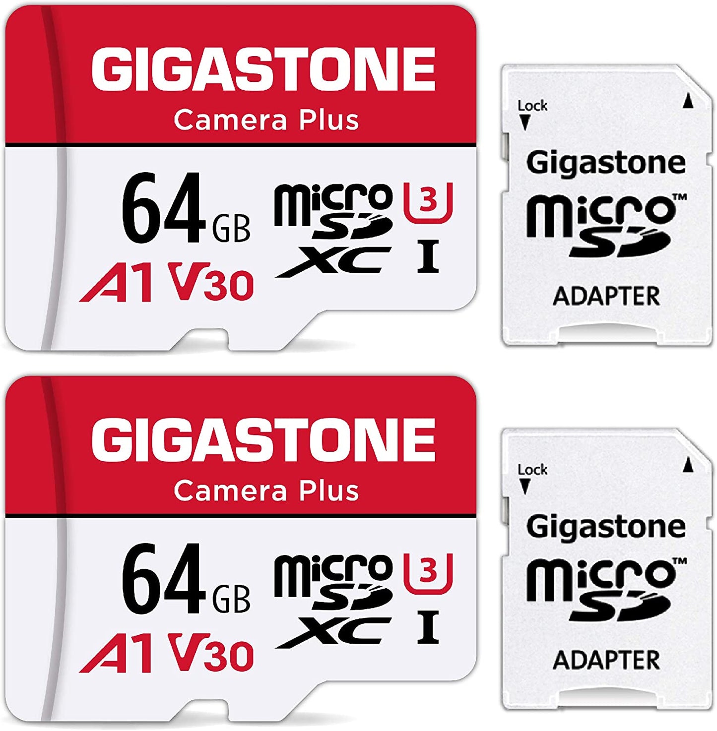 64GB 2-Pack Micro SD Card, Camera Plus, Microsdxc Memory Card for Wyze Cam, Security Camera, Smartphone, Fire Tablet, 4K Video Recording, UHS-I U3 A1 V30, 95Mb/S, with Adapte