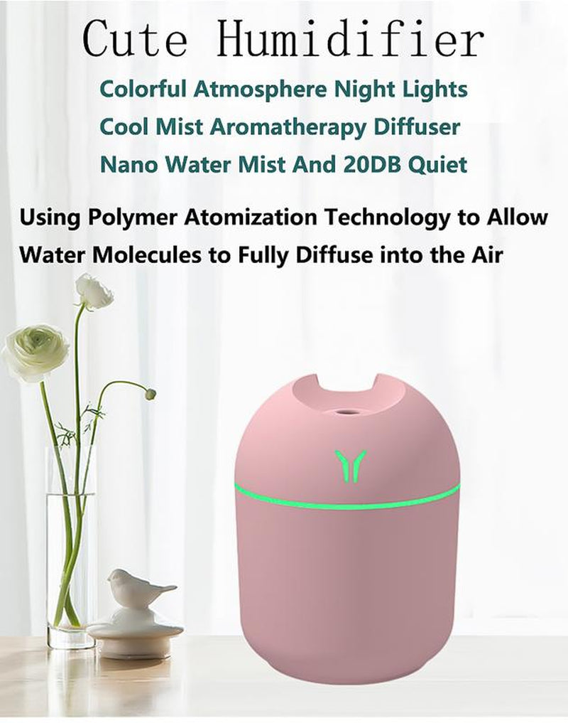 Mini Luminous Cool Mist Humidifier, 2-In-1 Humidifier & Essential Oil Diffuser, Turn Your Bedroom into a Fresh Calming Aromatherapy Oasis! Super Quiet - Ideal for Office, Home, Bedroom,Car