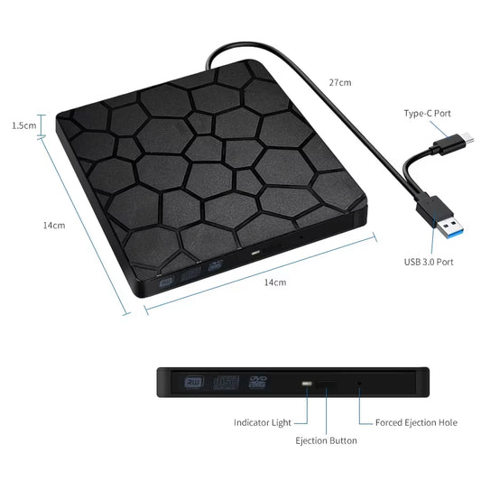 External DVD RW Drive USB 3.0 Type C 2 in 1 Interface Slim DVD CD Writer Burner Reader Player Optical Drive for Laptop PC